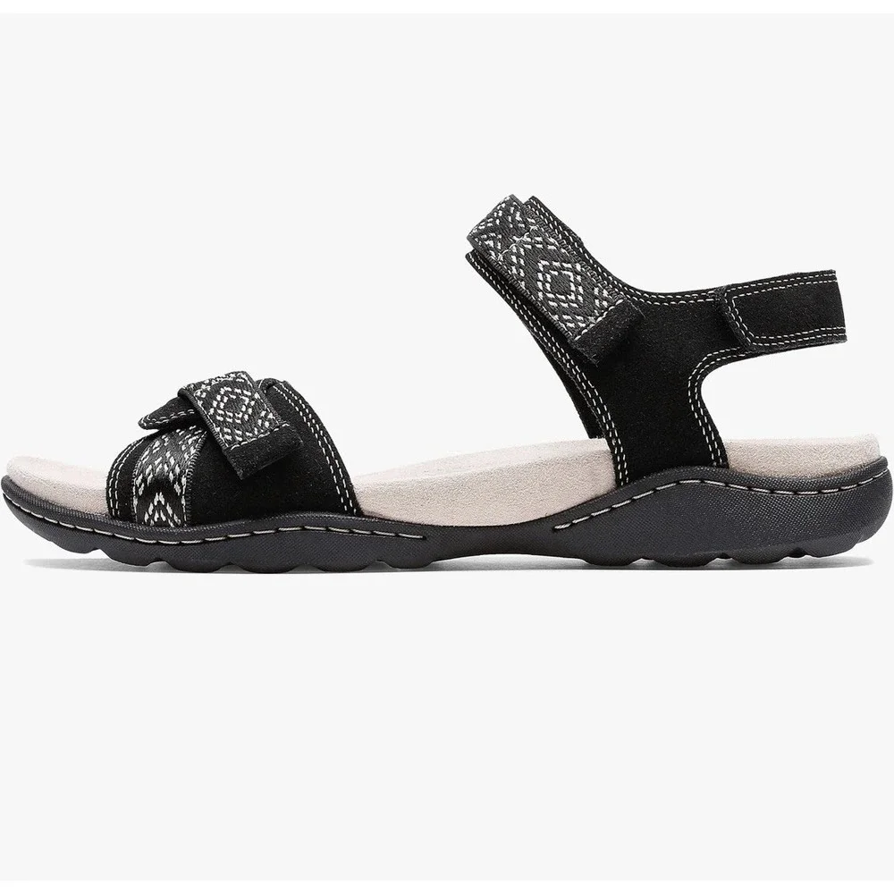 Clarks Amanda Sprint Flat Sandals Womens 7.5 M Black Suede Adjustable Straps NEW